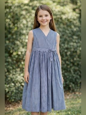 Vintage Strasburg Dress Girls 10 Blue Striped Seersucker Tie Long Button Back